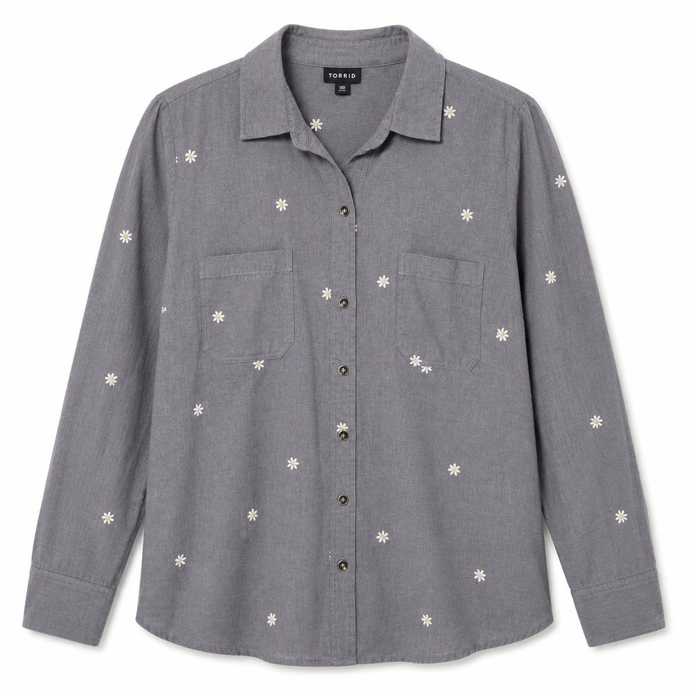 Torrid Daisy Embroidered Button Down Shirt Women Size 10 00 Grey Floral Top